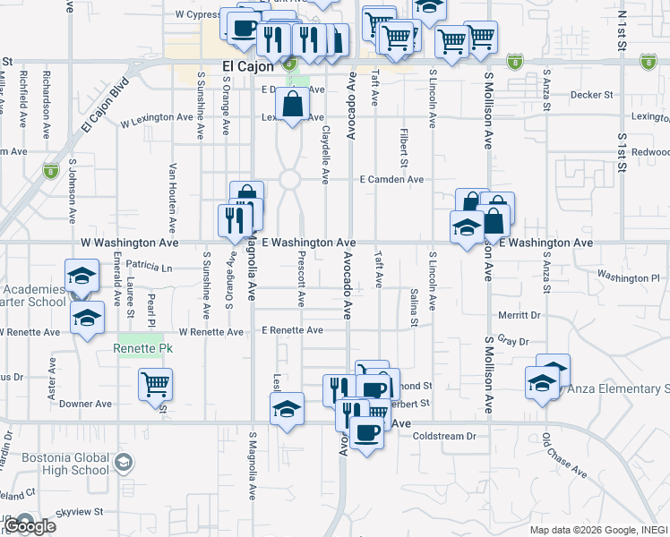 map of restaurants, bars, coffee shops, grocery stores, and more near 700 Avocado Avenue in El Cajon