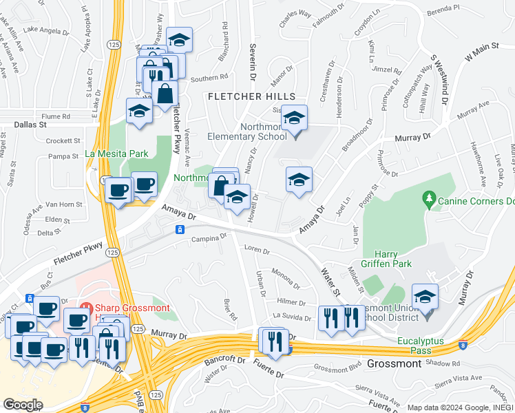 map of restaurants, bars, coffee shops, grocery stores, and more near 5931 Howell Drive in La Mesa