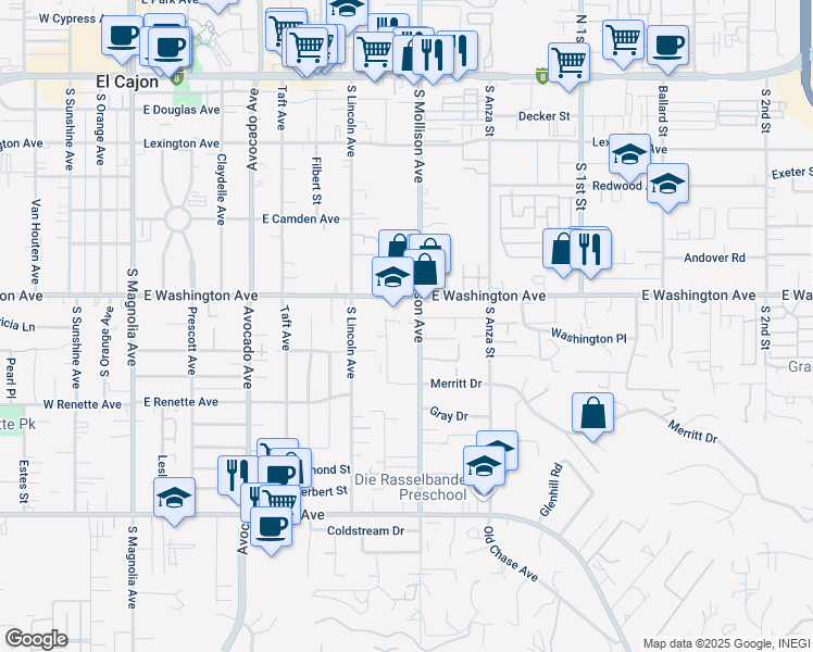 map of restaurants, bars, coffee shops, grocery stores, and more near 746 South Mollison Avenue in El Cajon