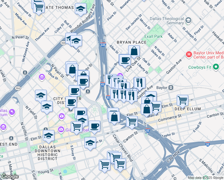 map of restaurants, bars, coffee shops, grocery stores, and more near 2502 Live Oak Street in Dallas