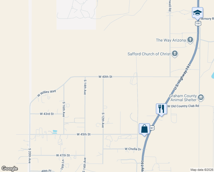 map of restaurants, bars, coffee shops, grocery stores, and more near 4038 12th Avenue in Safford
