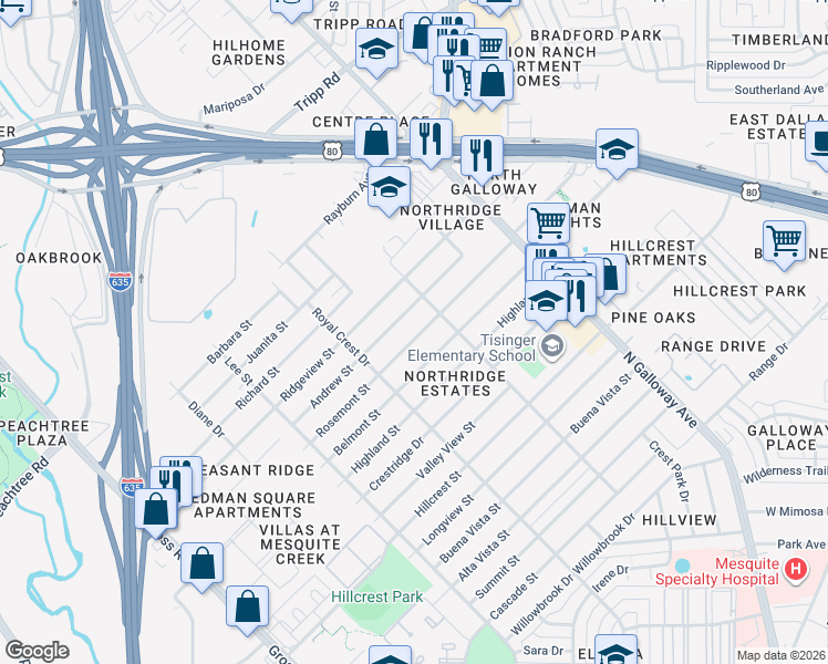 map of restaurants, bars, coffee shops, grocery stores, and more near 1611 Rosemont Street in Mesquite