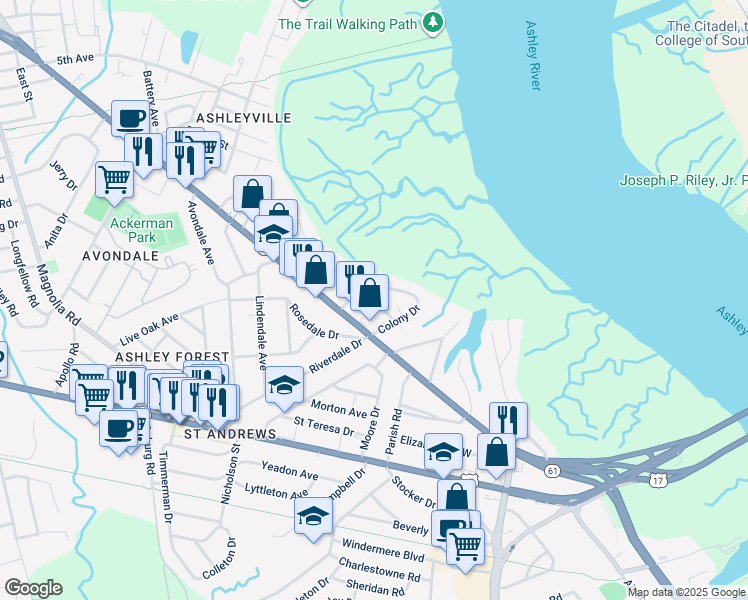 map of restaurants, bars, coffee shops, grocery stores, and more near 832 Colony Drive in Charleston