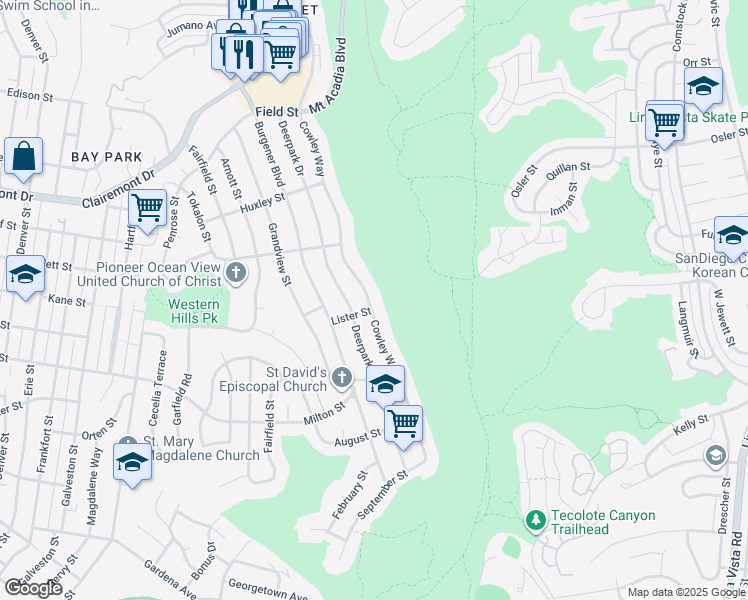 map of restaurants, bars, coffee shops, grocery stores, and more near 2453 Cowley Way in San Diego