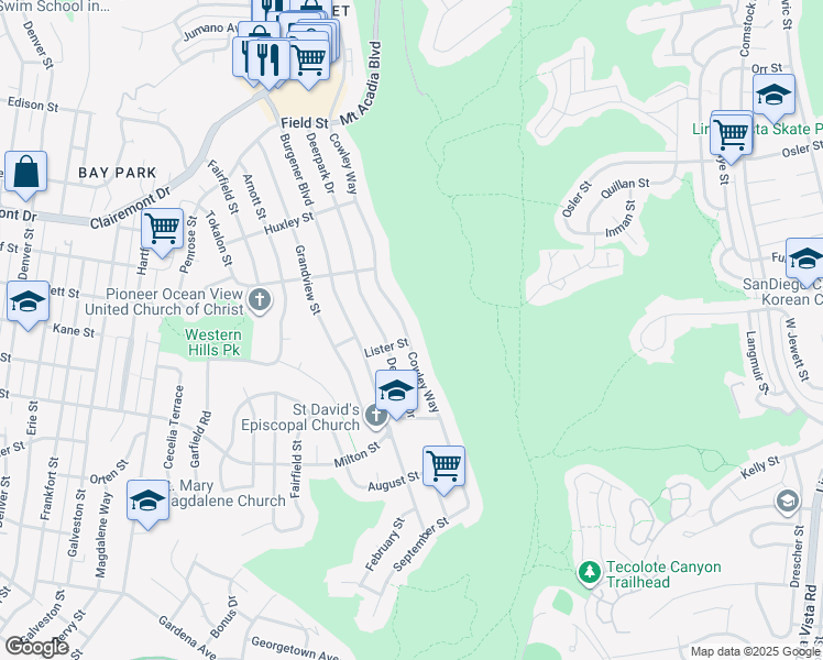 map of restaurants, bars, coffee shops, grocery stores, and more near 2453 Cowley Way in San Diego