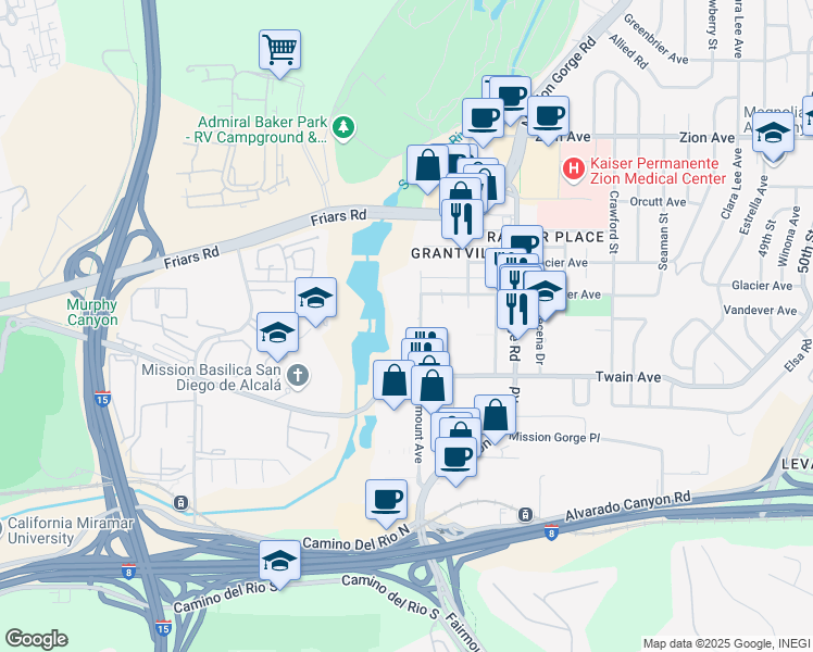 map of restaurants, bars, coffee shops, grocery stores, and more near 6160 Fairmount Avenue in San Diego