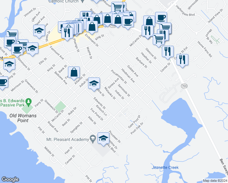 map of restaurants, bars, coffee shops, grocery stores, and more near 1453 Indian Street in Mount Pleasant