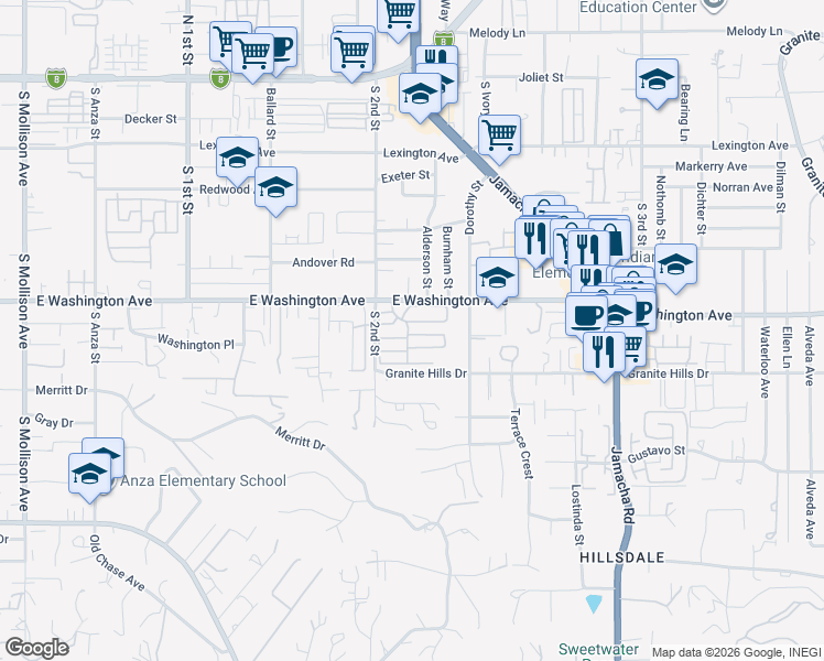 map of restaurants, bars, coffee shops, grocery stores, and more near 1285 East Washington Avenue in El Cajon