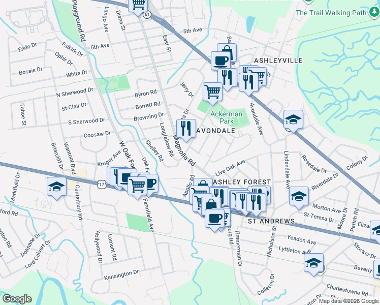 map of restaurants, bars, coffee shops, grocery stores, and more near 5 Rahn Road in Charleston