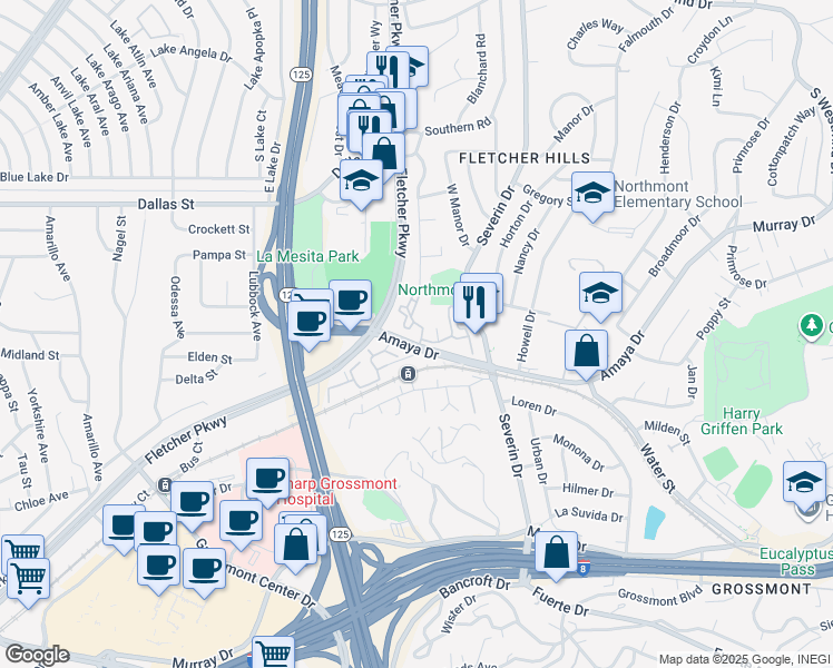 map of restaurants, bars, coffee shops, grocery stores, and more near 5606 Amaya Drive in La Mesa