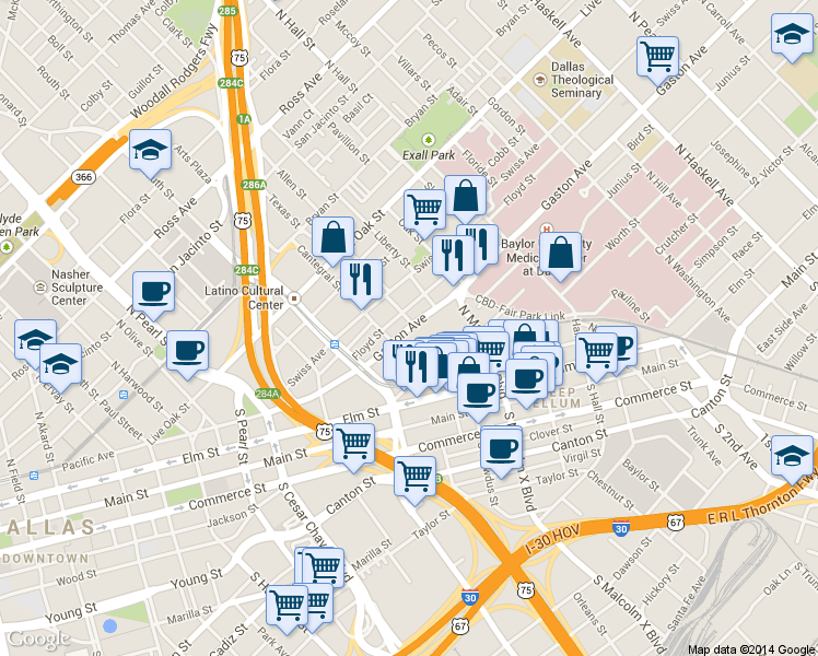 map of restaurants, bars, coffee shops, grocery stores, and more near 2734 Gaston Avenue in Dallas