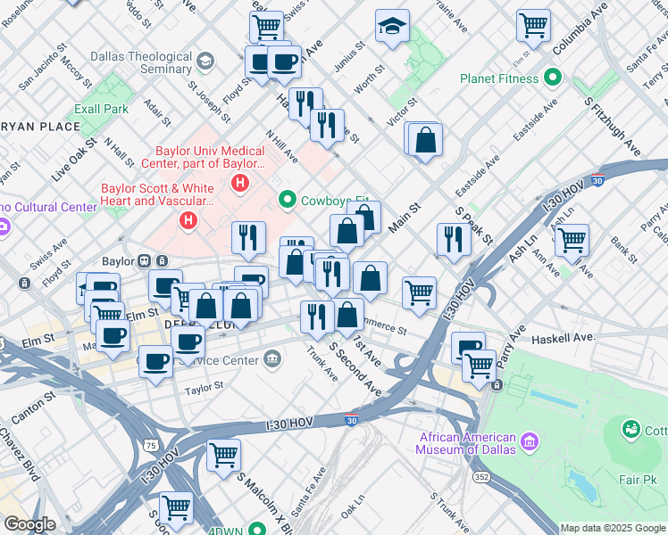 map of restaurants, bars, coffee shops, grocery stores, and more near 3812 Elm Street in Dallas