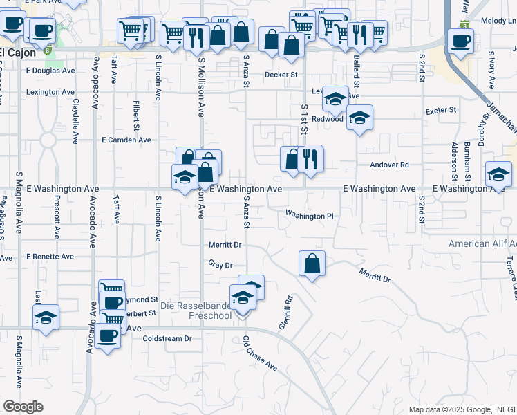 map of restaurants, bars, coffee shops, grocery stores, and more near 1033 Rocky Hill Road in El Cajon