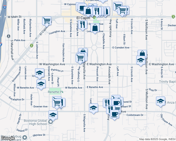 map of restaurants, bars, coffee shops, grocery stores, and more near 152 Danner Place in El Cajon