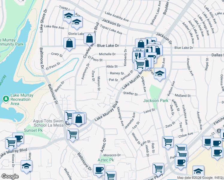 map of restaurants, bars, coffee shops, grocery stores, and more near 5950 Bob Street in La Mesa