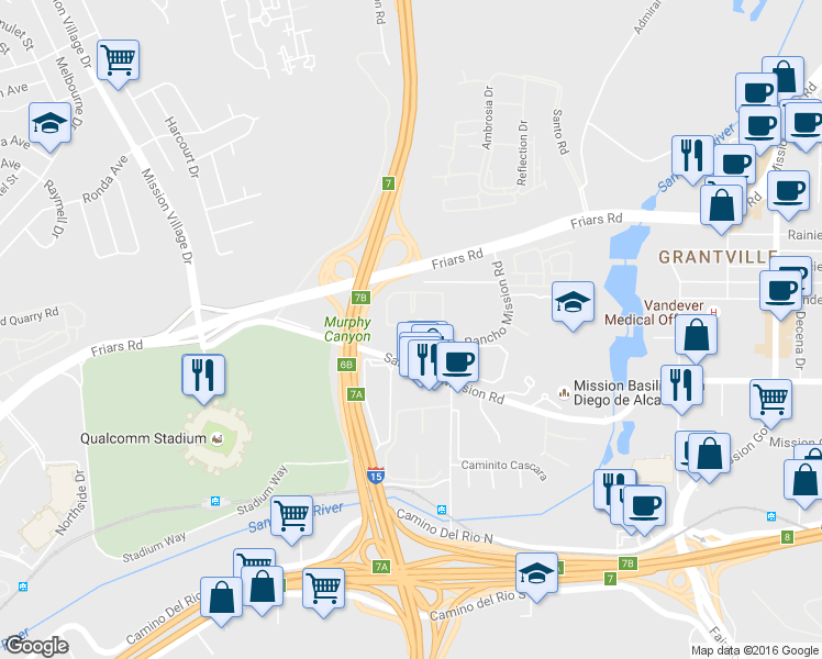 map of restaurants, bars, coffee shops, grocery stores, and more near in San Diego