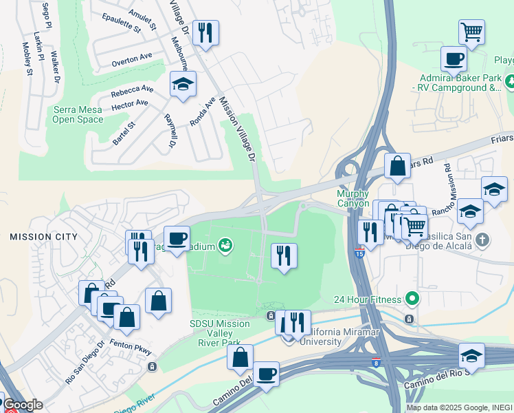 map of restaurants, bars, coffee shops, grocery stores, and more near 9441 San Diego Mission Road in San Diego