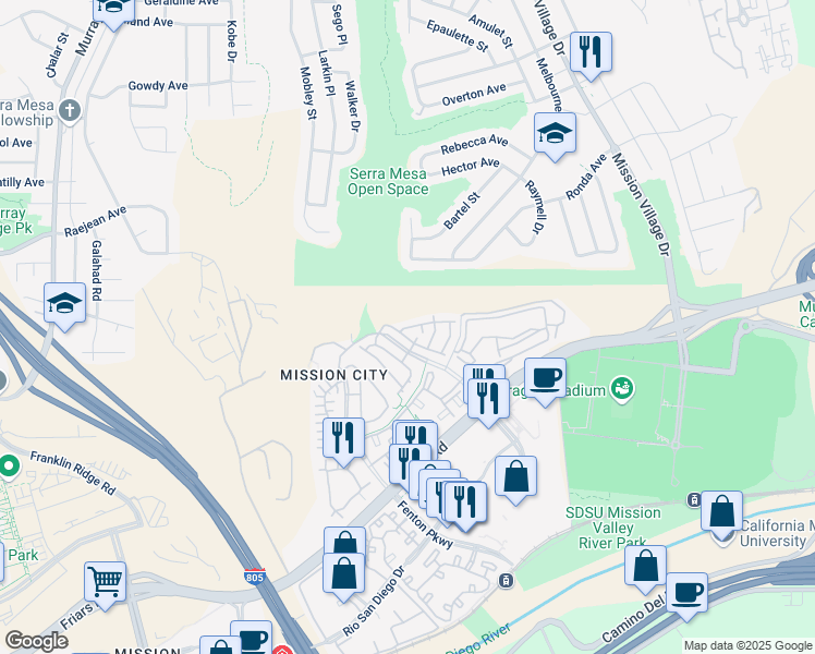 map of restaurants, bars, coffee shops, grocery stores, and more near 2754 Bellezza Drive in San Diego