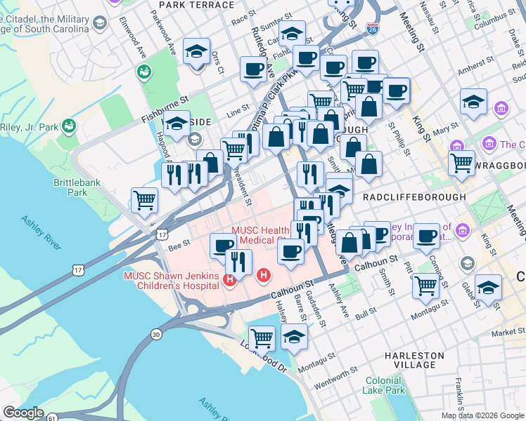 map of restaurants, bars, coffee shops, grocery stores, and more near 111 President Street in Charleston