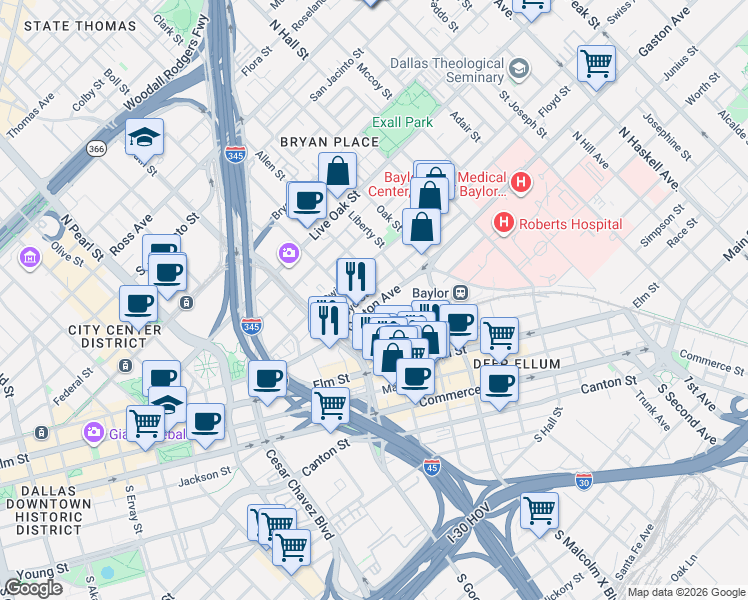 map of restaurants, bars, coffee shops, grocery stores, and more near 2801 Gaston Avenue in Dallas