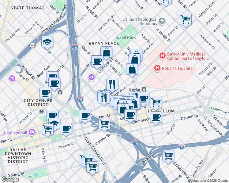 map of restaurants, bars, coffee shops, grocery stores, and more near 2801 Gaston Avenue in Dallas