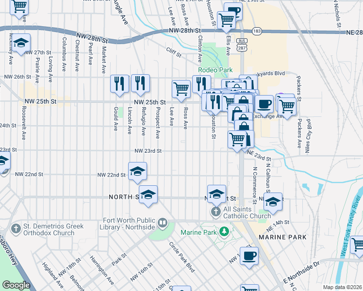 map of restaurants, bars, coffee shops, grocery stores, and more near 2308 Ross Avenue in Fort Worth