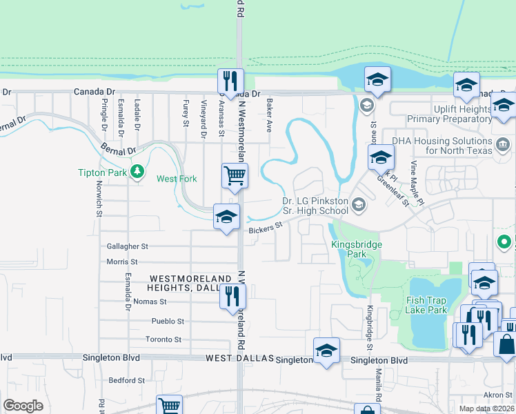 map of restaurants, bars, coffee shops, grocery stores, and more near 3218 Bernal Drive in Dallas