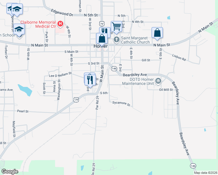 map of restaurants, bars, coffee shops, grocery stores, and more near 381 Oil Mill Street in Homer