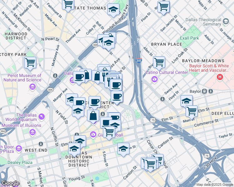 map of restaurants, bars, coffee shops, grocery stores, and more near 701 North Pearl Street in Dallas