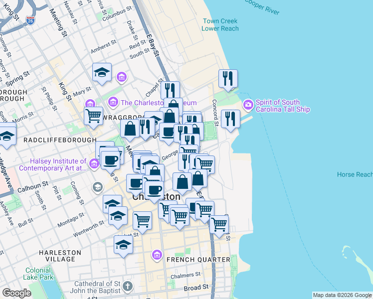 map of restaurants, bars, coffee shops, grocery stores, and more near 0 George Street in Charleston