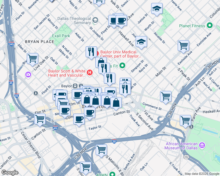 map of restaurants, bars, coffee shops, grocery stores, and more near 3309 Elm Street in Dallas