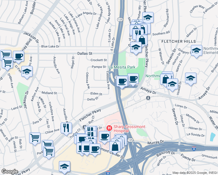 map of restaurants, bars, coffee shops, grocery stores, and more near Lubbock Avenue & Van Horn Street in La Mesa