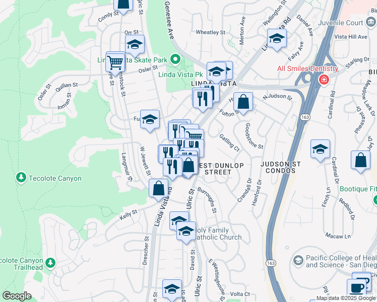 map of restaurants, bars, coffee shops, grocery stores, and more near 2399 Ulric Street in San Diego