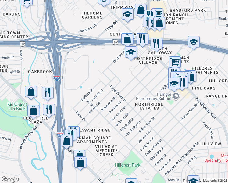 map of restaurants, bars, coffee shops, grocery stores, and more near 1502 Richard Street in Mesquite