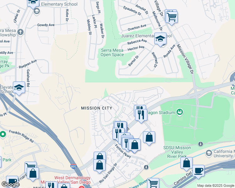 map of restaurants, bars, coffee shops, grocery stores, and more near 2736 Bellezza Drive in San Diego