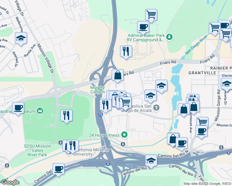 map of restaurants, bars, coffee shops, grocery stores, and more near 10425 Caminito Cuervo in San Diego