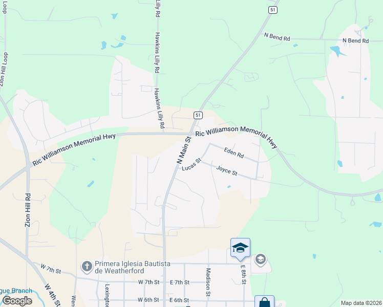 map of restaurants, bars, coffee shops, grocery stores, and more near 1917 North Highway in Weatherford