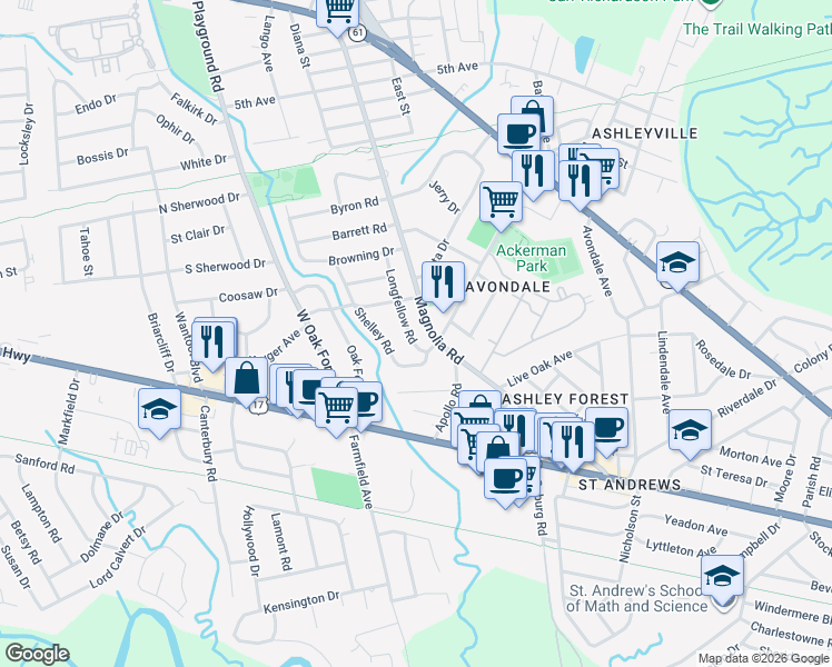 map of restaurants, bars, coffee shops, grocery stores, and more near 716 Longfellow Road in Charleston