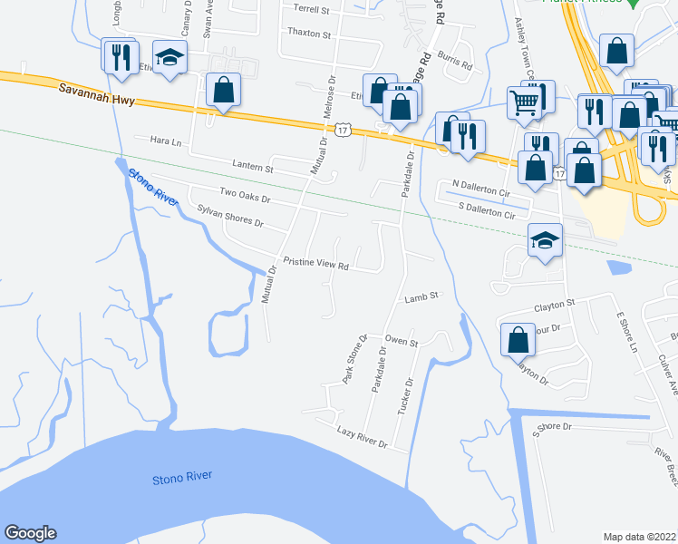 map of restaurants, bars, coffee shops, grocery stores, and more near 2309 Pristine View Road in Charleston