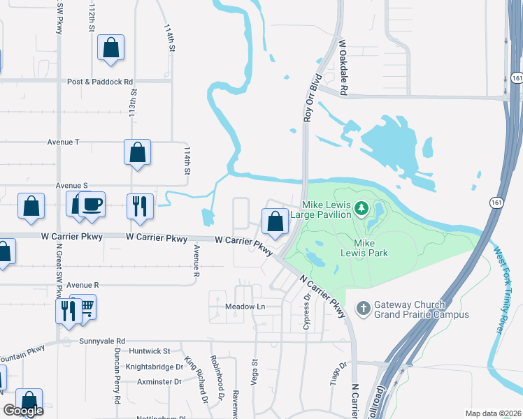 map of restaurants, bars, coffee shops, grocery stores, and more near 2224 Glacier Park Lane in Grand Prairie