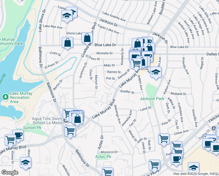 map of restaurants, bars, coffee shops, grocery stores, and more near 5950 Bob Street in La Mesa