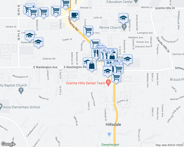 map of restaurants, bars, coffee shops, grocery stores, and more near 1397 East Washington Avenue in El Cajon