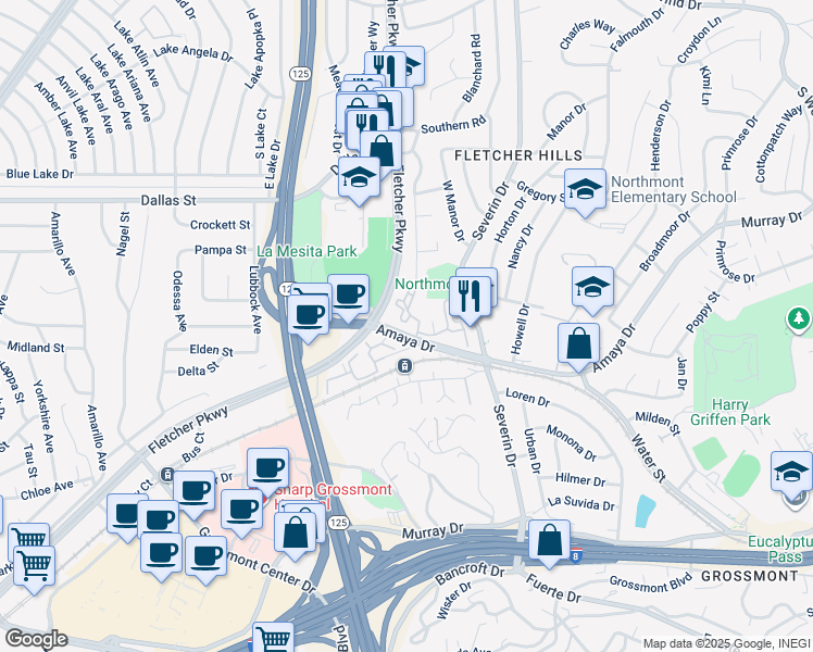 map of restaurants, bars, coffee shops, grocery stores, and more near 5636 Amaya Drive in La Mesa
