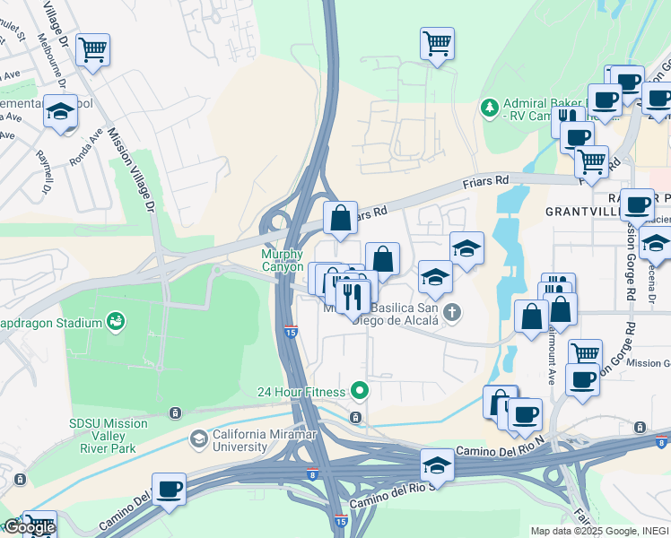 map of restaurants, bars, coffee shops, grocery stores, and more near 10425 Caminito Cuervo in San Diego