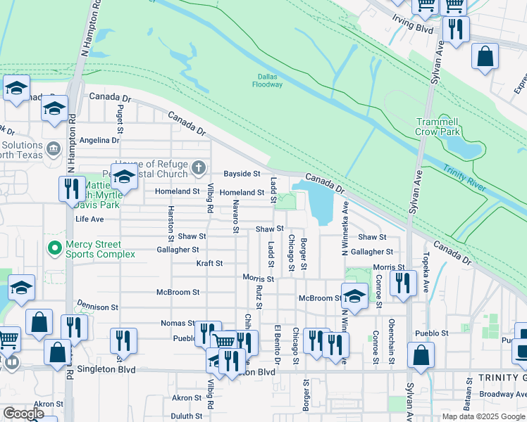map of restaurants, bars, coffee shops, grocery stores, and more near 1511 Bickers Street in Dallas
