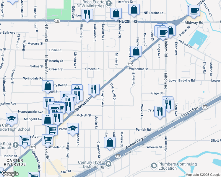 map of restaurants, bars, coffee shops, grocery stores, and more near 1725 Oak Knoll Drive in Haltom City