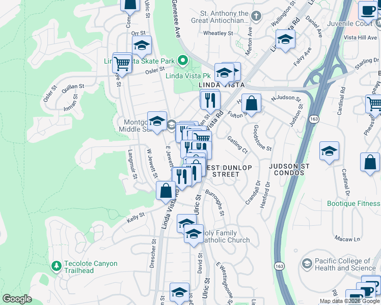 map of restaurants, bars, coffee shops, grocery stores, and more near Linda Vista Road in San Diego
