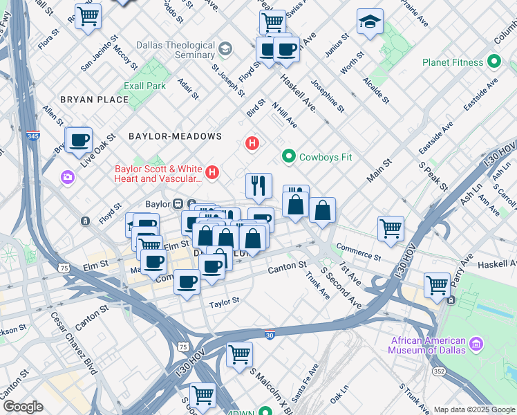 map of restaurants, bars, coffee shops, grocery stores, and more near 232 North Trunk Avenue in Dallas
