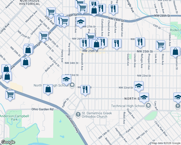 map of restaurants, bars, coffee shops, grocery stores, and more near 2307 Loving Avenue in Fort Worth