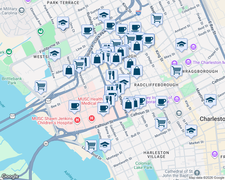 map of restaurants, bars, coffee shops, grocery stores, and more near 0 Bee Street in Charleston